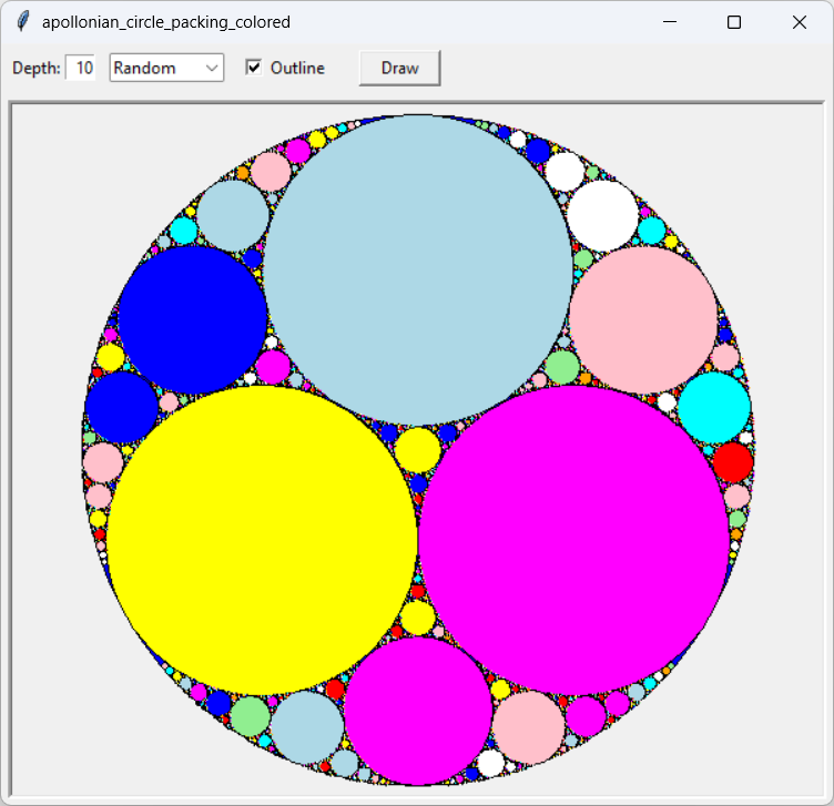 [A randomly colored Apollonian circle packing fractal drawn in Python]
