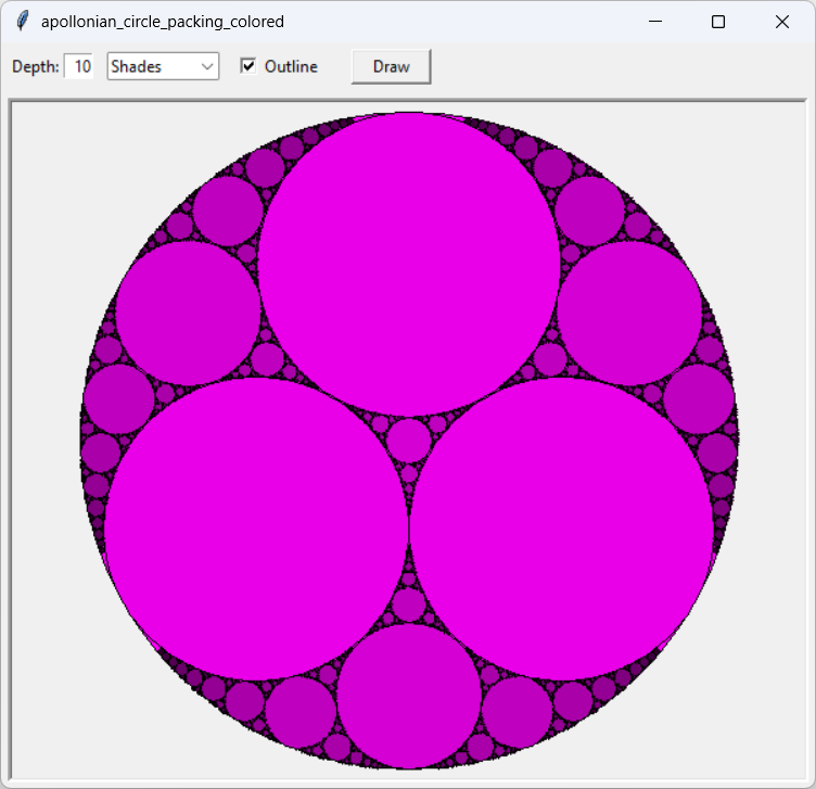 [An Apollonian circle packing fractal colored in shades of fuchsia in Python]