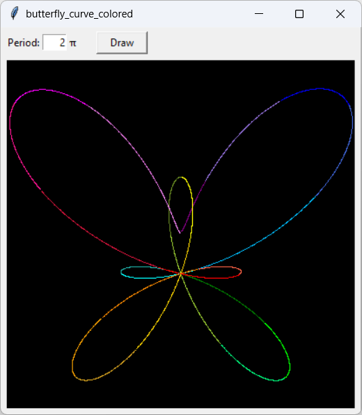 [A colorful butterfly curve drawn in Python when t ranges from 0 to 2 &pi;]