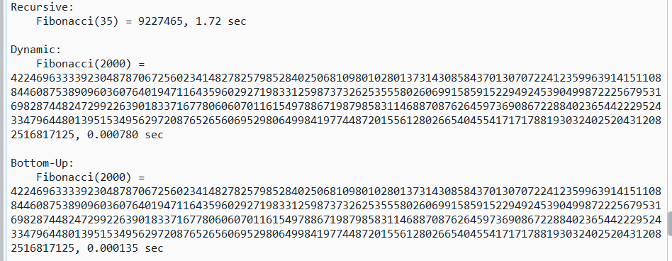 [Fibonacci numbers calculated by recursion, dynamic programming, and bottom-up programming]