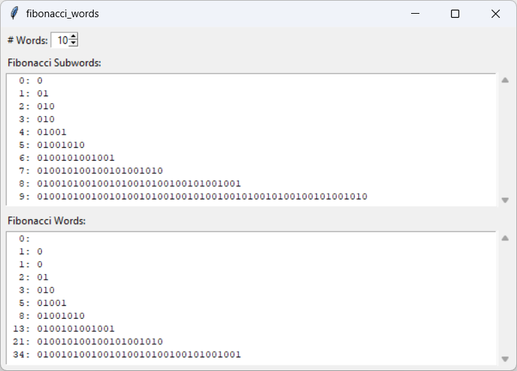 [Fibonacci subwords and words generated in Python]