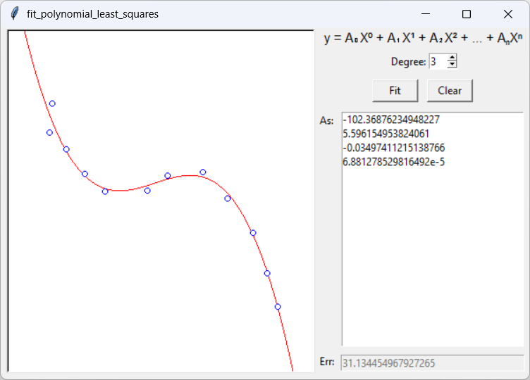 [A set of points fitted with a polynomial least squares fit in Python]