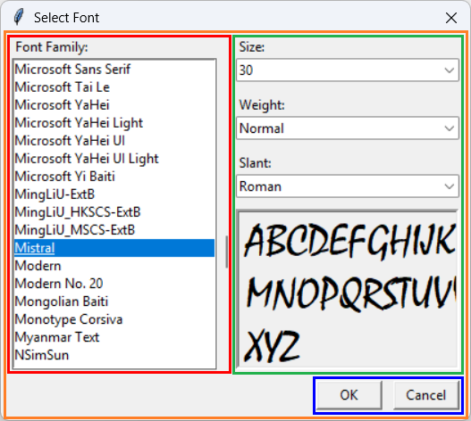 [The font dialog uses four frames to arrange its widgets]
