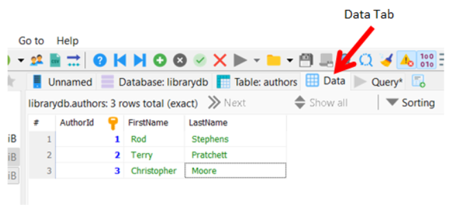 [The Data tab showing Authors records]