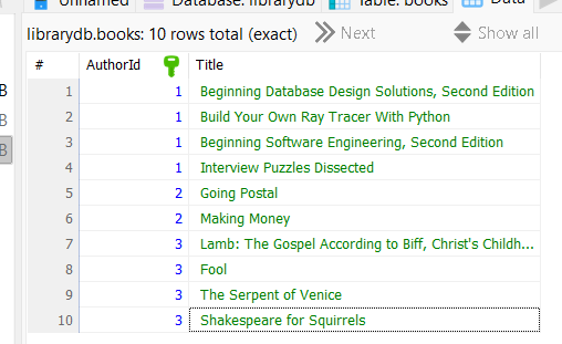 [The Data tab showing Books records]