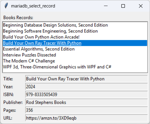 [When you select a book from the list, the program displays that book's details]