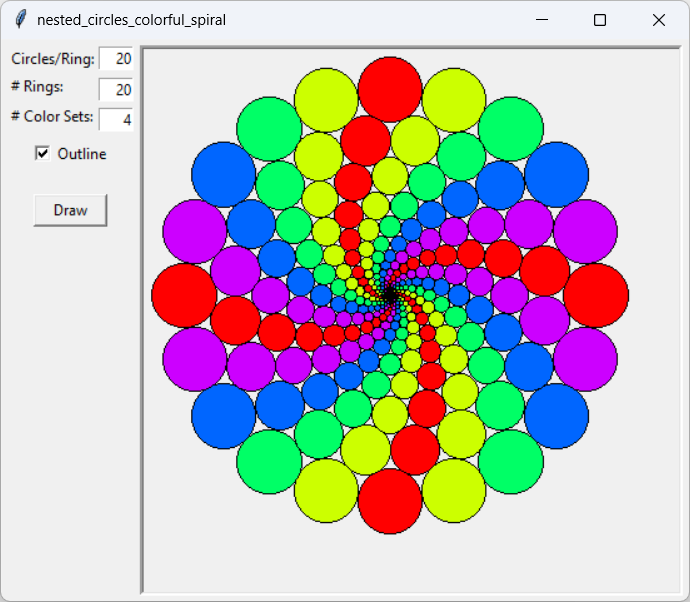 [Colorful rings of nested circles drawn in Python]