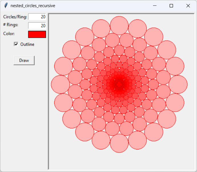 [A sequence of rings of nested tangent circles drawn recursively in Python]