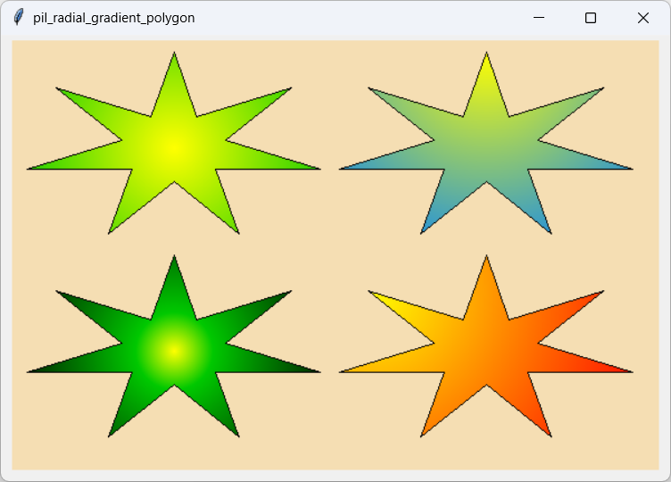[Four polygons filled with radial gradient brushes using PIL and Python]