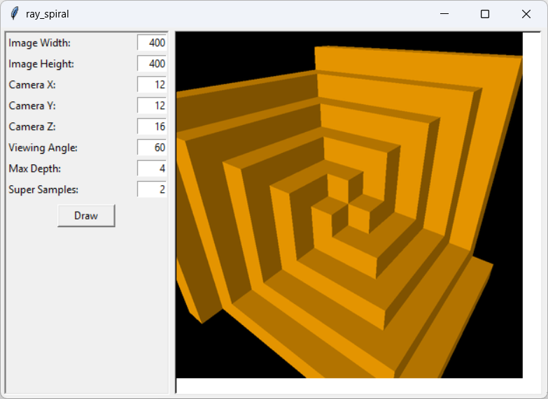 [A three-dimensional spiral drawn with ray tracing in Python]