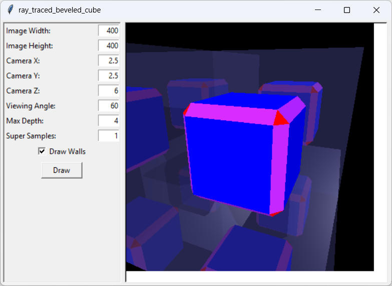 [A ray-traced beveled cube inside reflective walls drawn in Python]