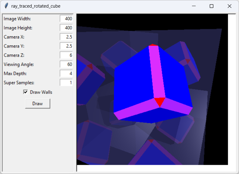 [A ray-traced rotated beveled cube inside reflective walls drawn in Python]