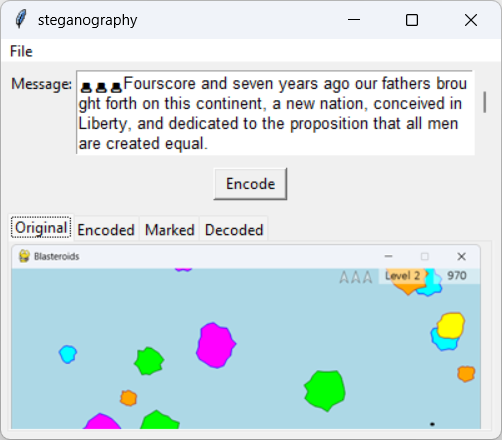 [This example hides a secret message inside an image]