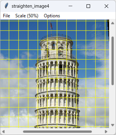 [This example draws red and yellow dashed lines to straighten images in Python]