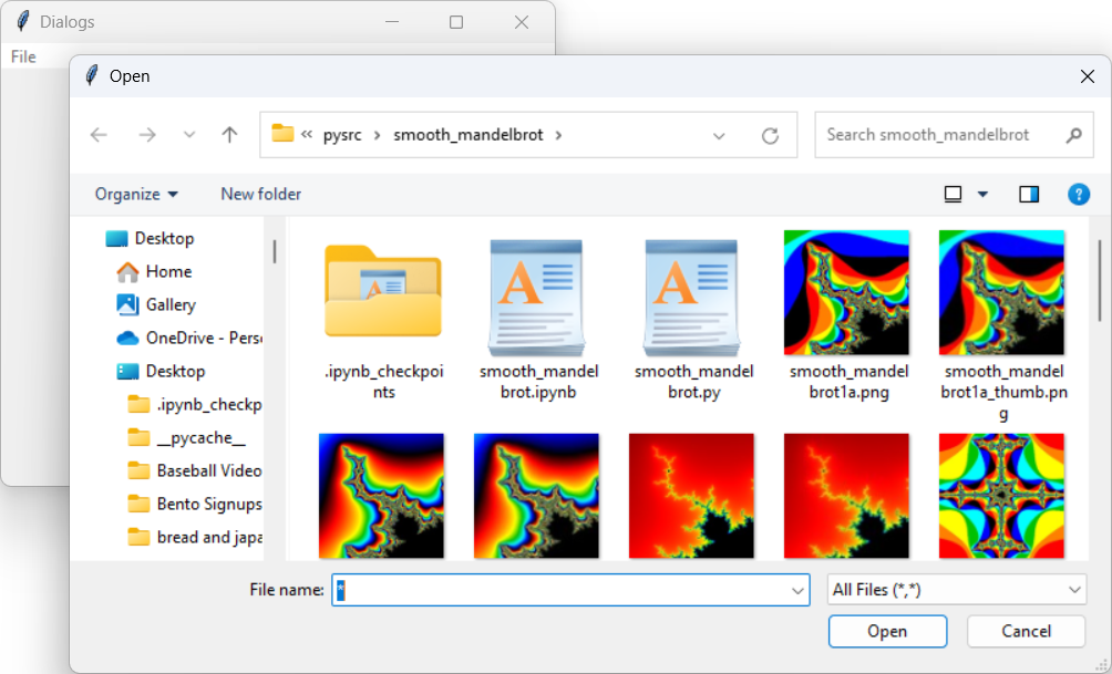 [This example shows how to use file open and save dialogs in Python and tkinter.]